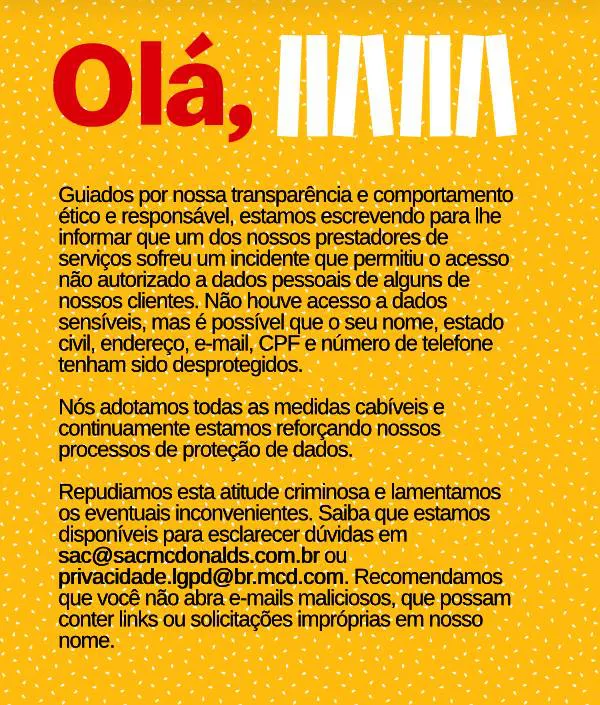 McDonald’s dá detalhes sobre vazamento de dados de clientes no Brasil