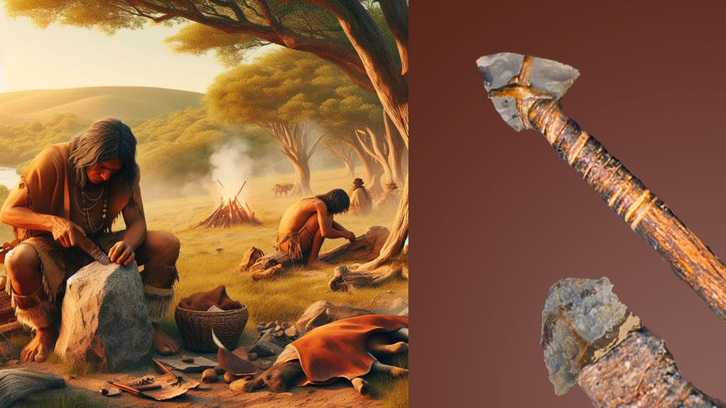 À esquerda, representação de como seriam usadas as ferramentas — à direita, uma foto de algumas delas (Imagem: A Lasca Arqueologia)