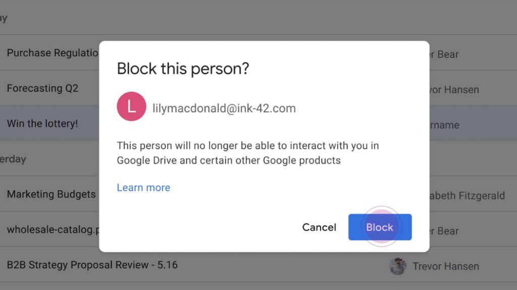 "Essa pessoa não poderá interagir com você no Google Drive ou em outros produtos Google", diz a caixa de bloqueio (Imagem: Reprodução/Google)