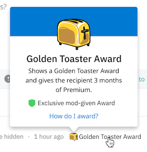 Exemplo de premiação customizada exclusivo para moderadores (Imagem: Reddit)