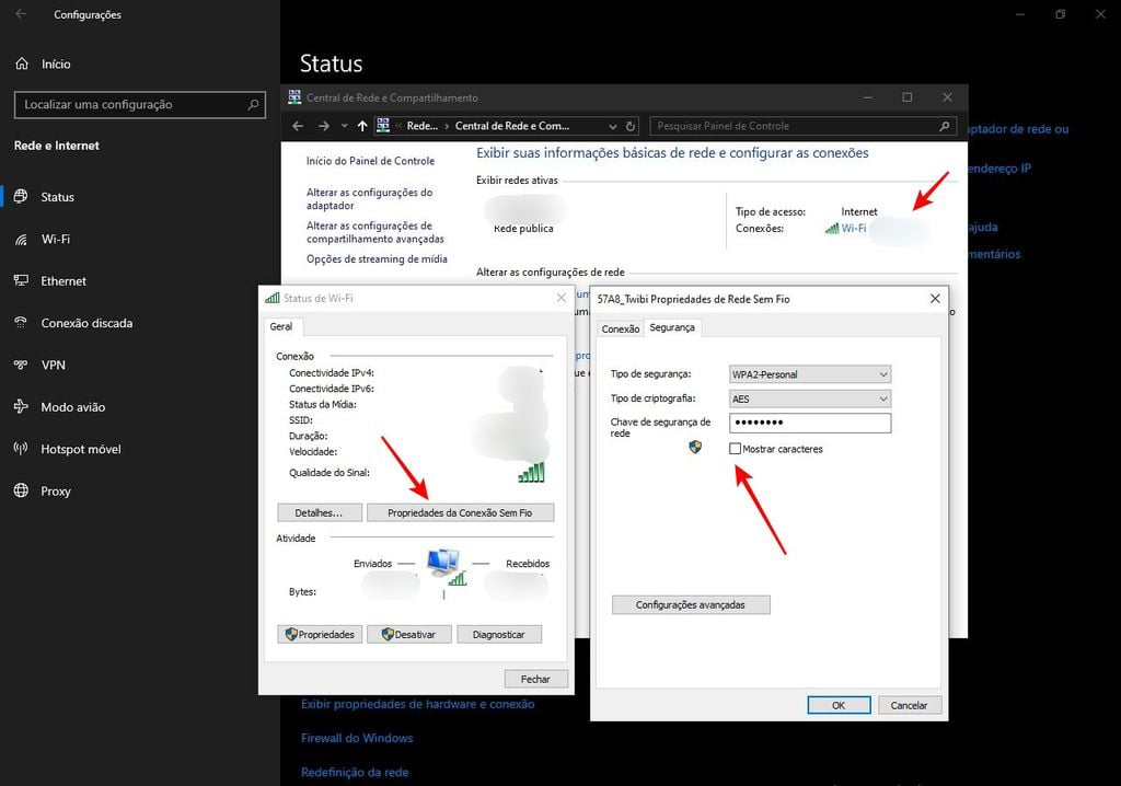 Basta clicar em “Mostrar caracteres” para visualizar a senha do Wi-Fi no Windows (Imagem: Captura de tela/Fabrício Calixto/Canaltech)