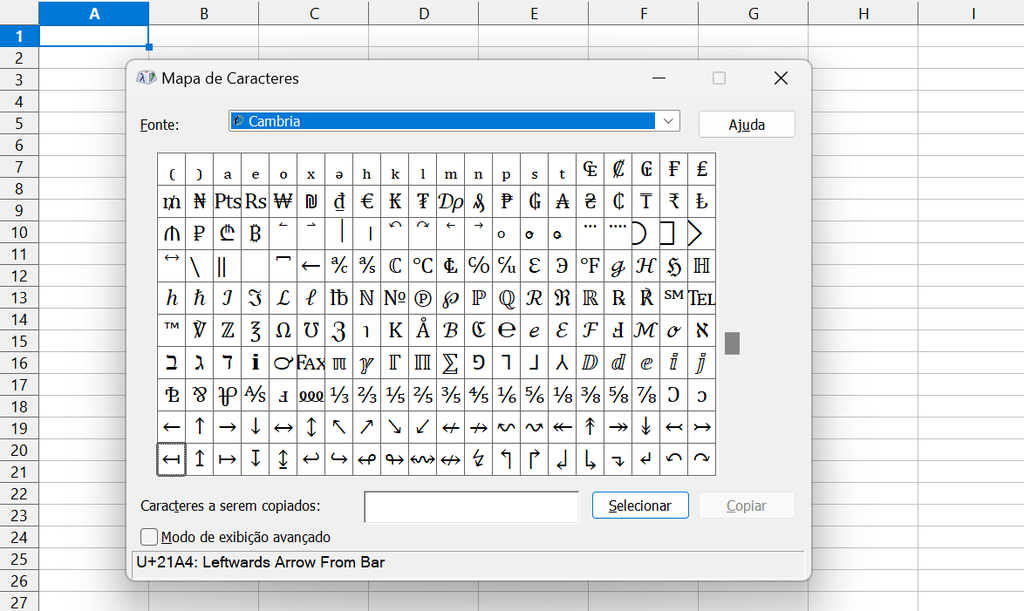 É possível utilizar o Mapa de Caracteres para inserir símbolos no Excel (Imagem: Captura de tela/Guliherme Haas/Canaltech)