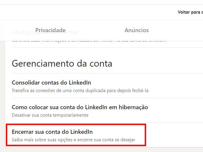 Em seguida, selecione a opção "Encerrar sua conta do LinkedIn" (Captura de tela: Matheus Bigogno)