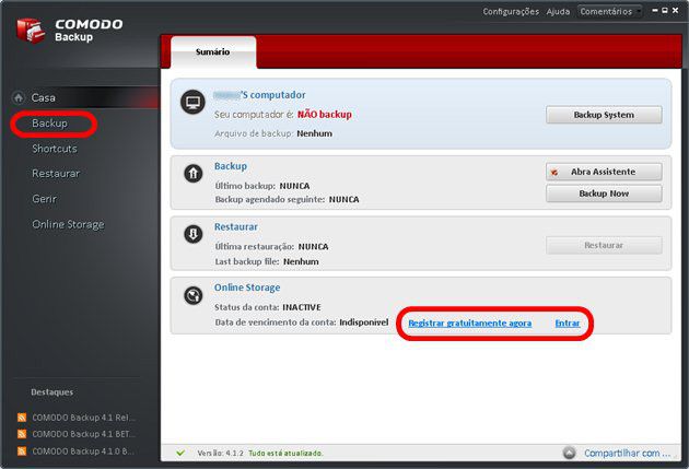 1 - Tela inicial - Comodo Backup 1 - Tela inicial - Comodo Backup