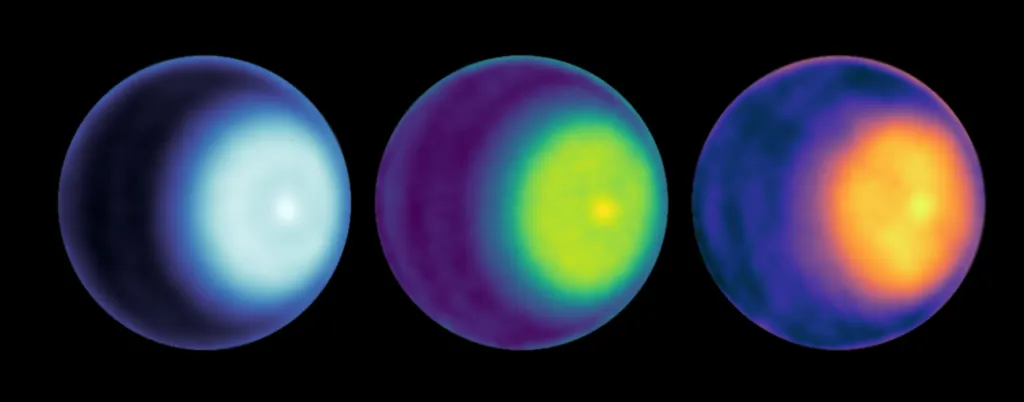 Observações para identificar o primeiro ciclone polar em Urano, visto como um ponto de cor clara nas imagens do planeta. Cada uma delas representa a observação em um comprimento de onda diferente (Imagem: Reprodução/NASA/JPL-Caltech/VLA)