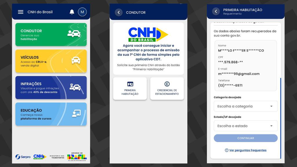 Requerimento da abertura do processo no app CNH do Brasil