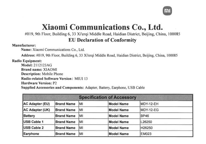 Detalhes do Certificação de Conformidade do Xiaomi 12X na União Europeia (Imagem: Reprodução/MySmartPrice)
