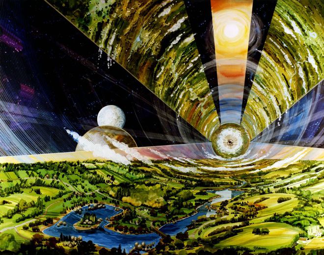 No conceito proposto por O'Neill, cada habitat teria atmosfera artificial e espaços urbanos e agrícolas (Imagem: Reprodução/Reprodução/Rick Guidice courtesy of NASA)
