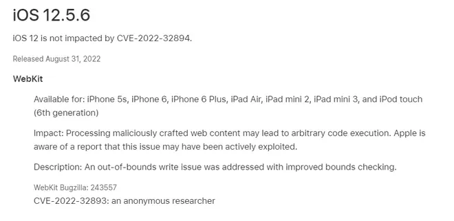 A atualização corrige uma vulnerabilidade no carregamento de conteúdo web (Imagem: Reprodução/Apple)