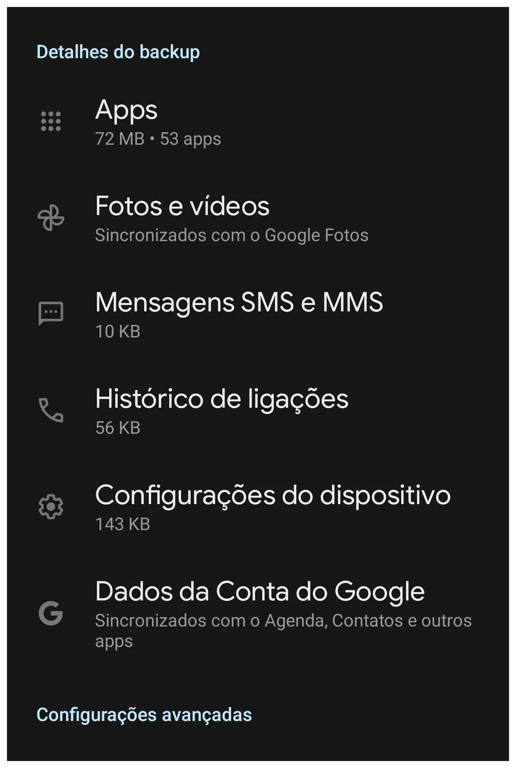 Confira os detalhes de backup feito pela Conta do Google no Android (Captura de tela: Thiago Furquim/Canaltech)