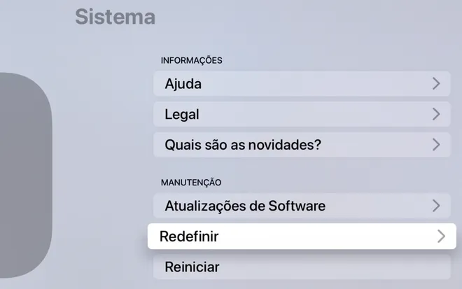 Entre em "Redefinir" para escolher as opções de restauração da Apple TV - Captura de tela: Thiago Furquim (Canaltech)
