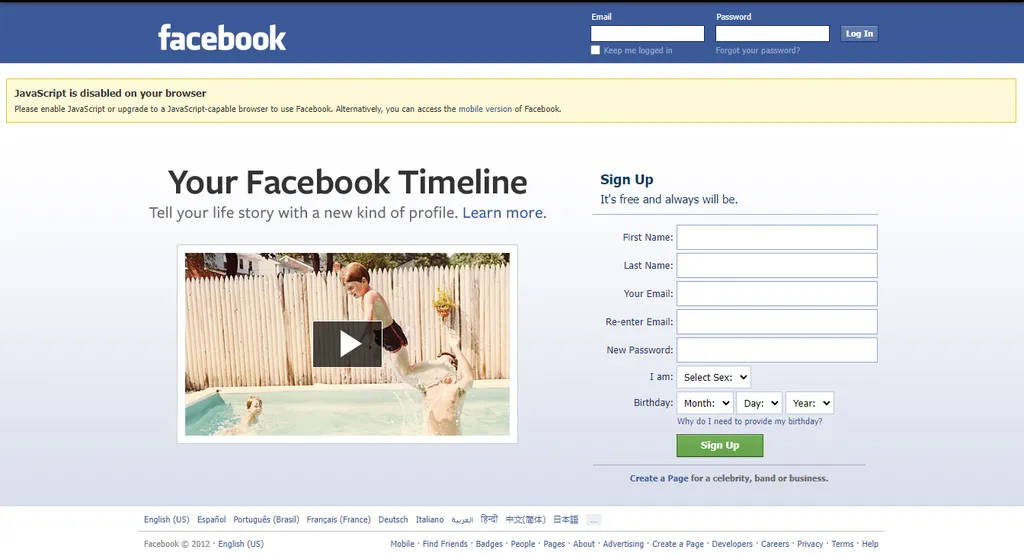 Em 2012, o Facebook ganhava popularidade e você poderia criar um perfil ou uma página logo na home (Imagem: Reprodução/Archive.org)