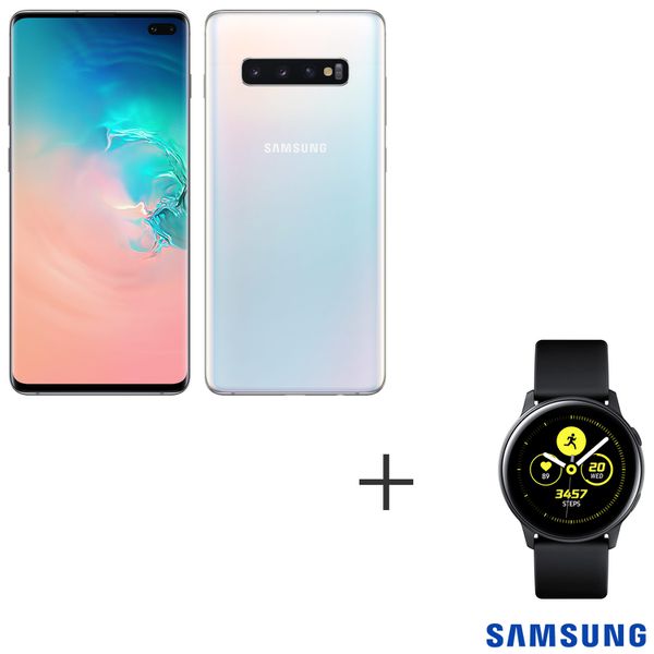 Samsung Galaxy S10+ Branco, Tela de 6,4, 128 GB e Camera Tripla + Galaxy Watch Active Preto com 28 mm, NFC e 4GB [À VISTA]