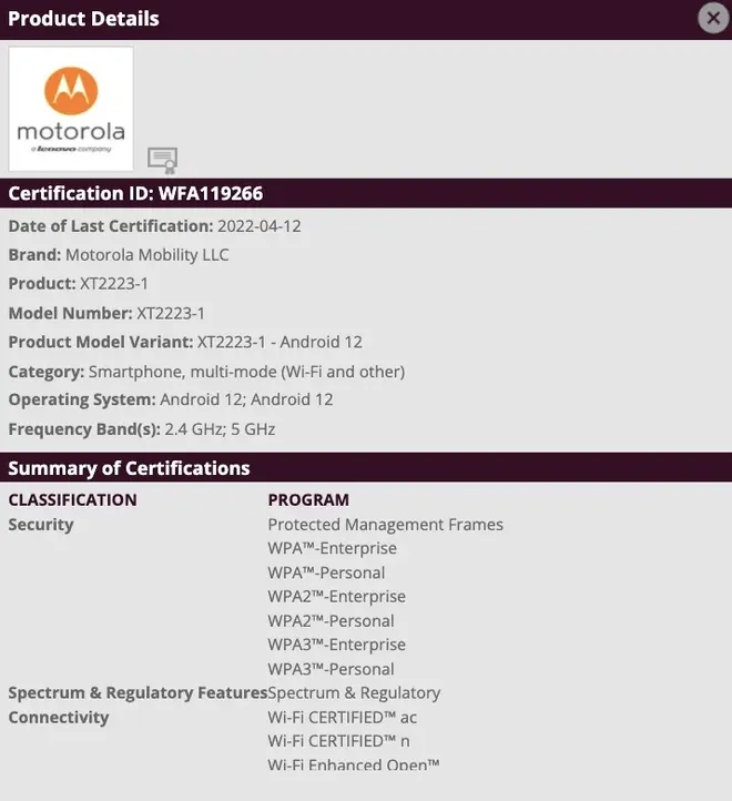 Certificação confirma Moto G62 com Wi-Fi dual-band e Android 12 (Imagem: Wi-Fi Alliance)