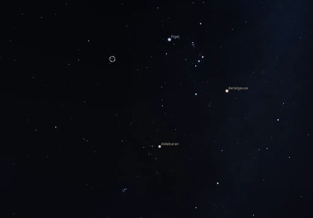 Com 40 Eridani, marcada em um círculo, nos aproximamos ainda mais de Órion, umas das regiões mais admiradas do céu. Se você aprendeu a encontrar as Plêiades, achará 40 Eridani um pouco acima, à esquerda de Rigel, uma estrela muito brilhante dessa área (Imagem: Reprodução/Stellarium)