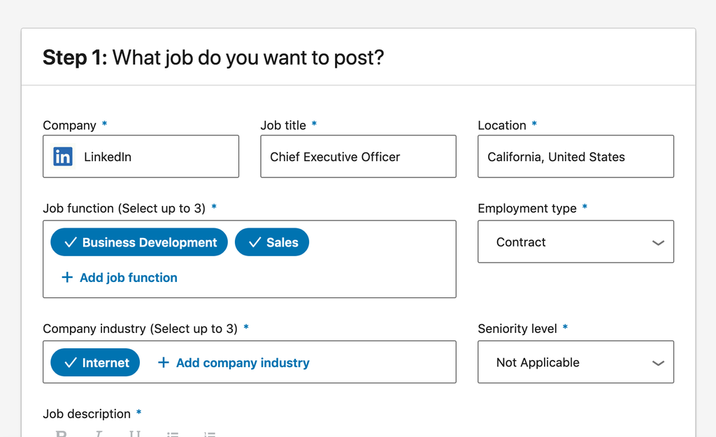 Formulário que qualquer usuário premium pode preencher no LinkedIn para postar uma vaga (Foto: Michael Rijnders)