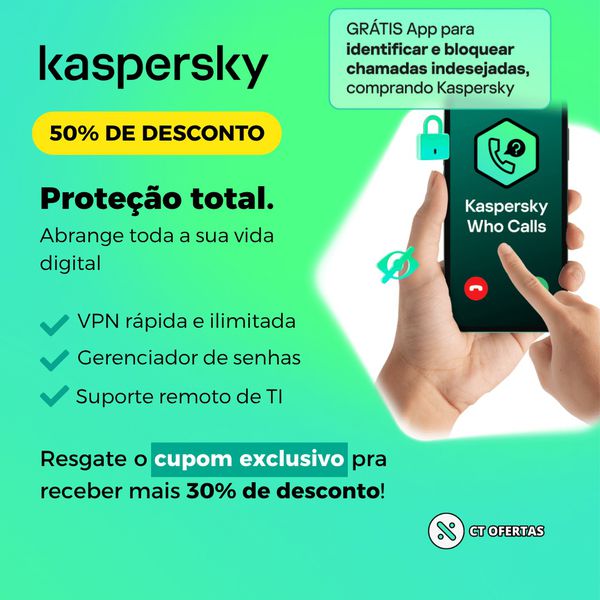 🚨 Kaspersky Premium com 80% OFF usando o nosso cupom exclusivo: só R$ 76,93 no 1º ano + 3 meses grátis do WhoCalls, app que pode filtrar ligações de spam e golpes