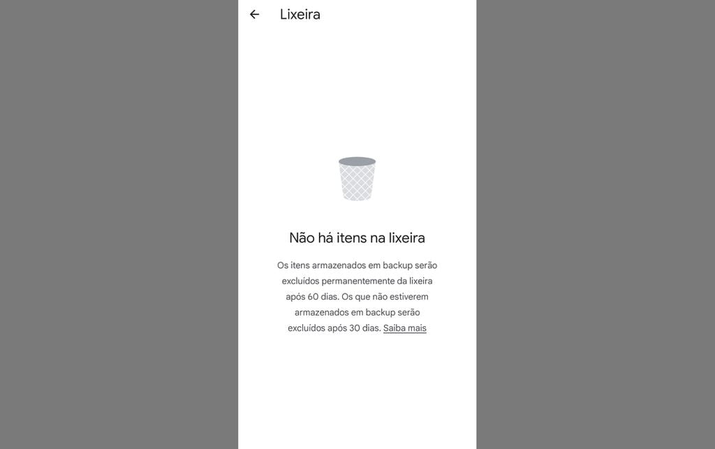 Atualmente a lixeira do Google Fotos mantém os arquivos por 60 dias antes da exclusão permanente (Imagem: Captura de tela/Guilherme Haas/Canaltech)