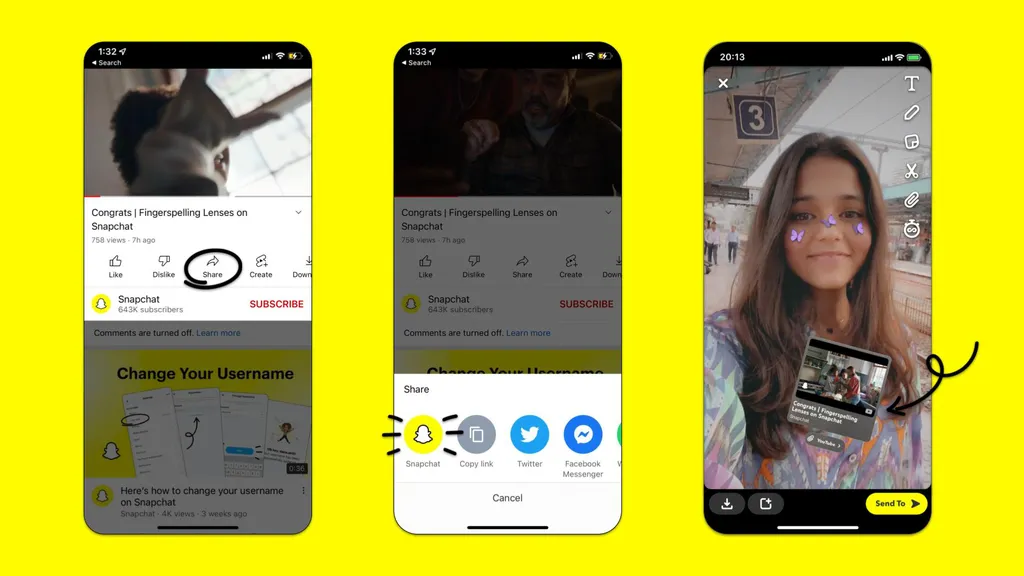 Agora os usuários poderão compartilhar vídeos do YouTube no Snapchat em forma de adesivos (Imagem: Reprodução/Snapchat/YouTube)