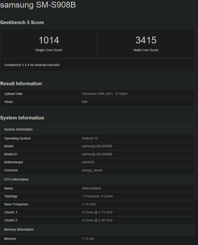 Samsung Galaxy S22 Ultra no Geekbench com Exynos 2200