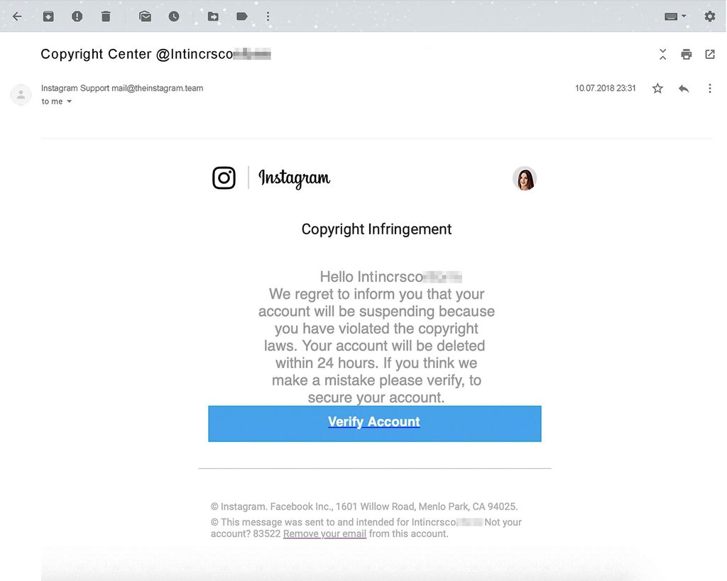 E-mail falso enviado por cibercrimonosos para enganar usuários do Instagram. Imagem: Divulgação / Kaspersky Lab