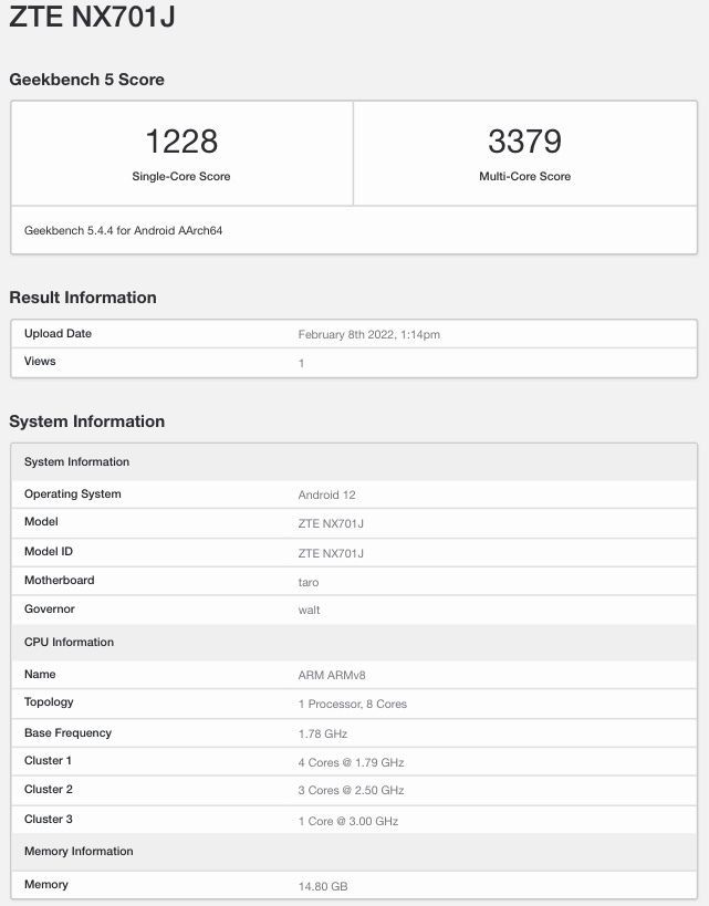 Nubia Z40 deverá vir com Snapdragon 8 Gen 1 e pelo menos uma versão com 16 GB de RAM (Imagem: Geekbench Browser)