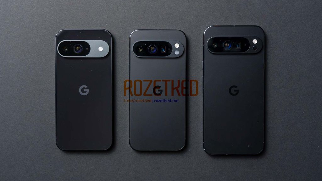 O Pixel 9 Pro XL (último aparelho, à direita) pode trazer as maiores tela e bateria da nova geração do Google (Imagem: Reprodução/Rozetked)