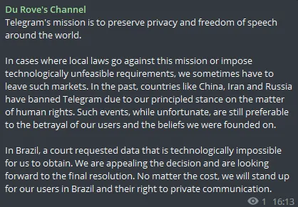 Criador do Telegram diz que objetivo do app é "preservar privacidade e liberdade de expressão" (Imagem: Reprodução/Telegram)