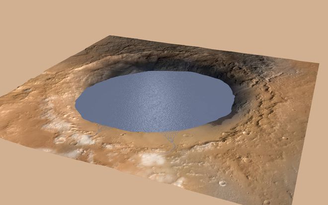Simulação de um lago preenchendo a Cratera Gale, em Marte (Imagem: NASA/JPL-Caltech/ESA/DLR/FU Berlin/MSSS)