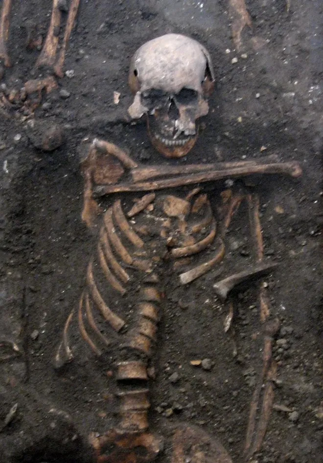 Esqueleto de homem que foi enterrado no Hospital St. John, em Cambridge, que continha herpes (Imagem: Guellil et al./Science Advances)