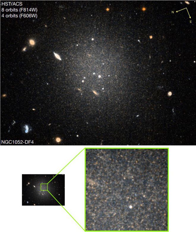 Dados da galáxia NGC DF4, coletados pelo Hubble em 2019, indo oito vezes mais fundo do que as observações anteriores (Imagem: Reprodução/S. Danieli)