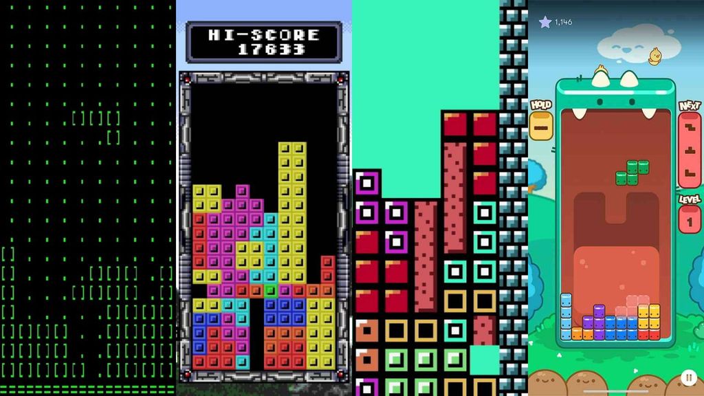 Da esquerda para a direita: o primeiro Tetris, de 1984; Tetris 1989, no SEGA Mega Drive; Tetris no Game Boy Color, 1998; e o Tetris em sua versão oficial para celular. (Imagem: Reprodução/Tetris)