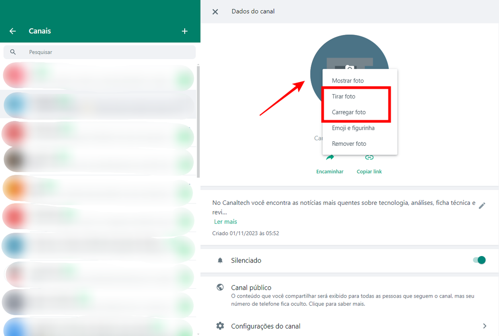 Como trocar a imagem de um canal na versão do WhatsApp para web ou desktop (Imagem: Captura de tela/Fabrício Calixto/Canaltech)