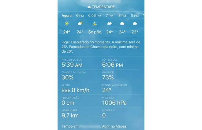 Horário do pôr do Sol no app "Tempo", do iOS (Imagem: Captura de tela)
