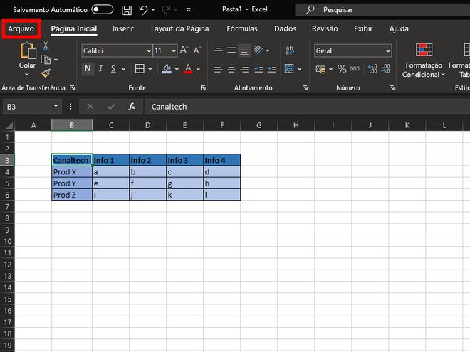 Abra a planilha no Excel e clique em "Arquivo" no canto superior esquerdo (Captura de tela: Matheus Bigogno)