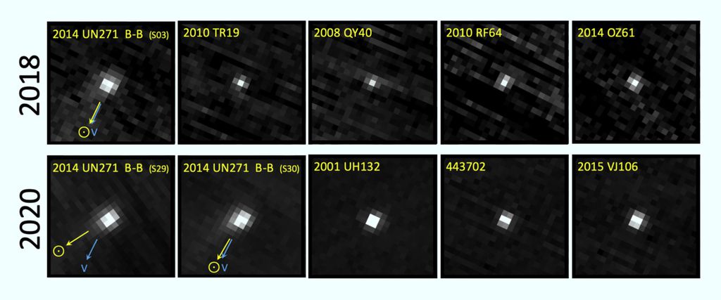 Imagens do cometa Bernardinelli-Bernstein em 2018 e 2020, mostrando a coma com uma leve assimetria (Imagem: Reprodução/Farnham)
