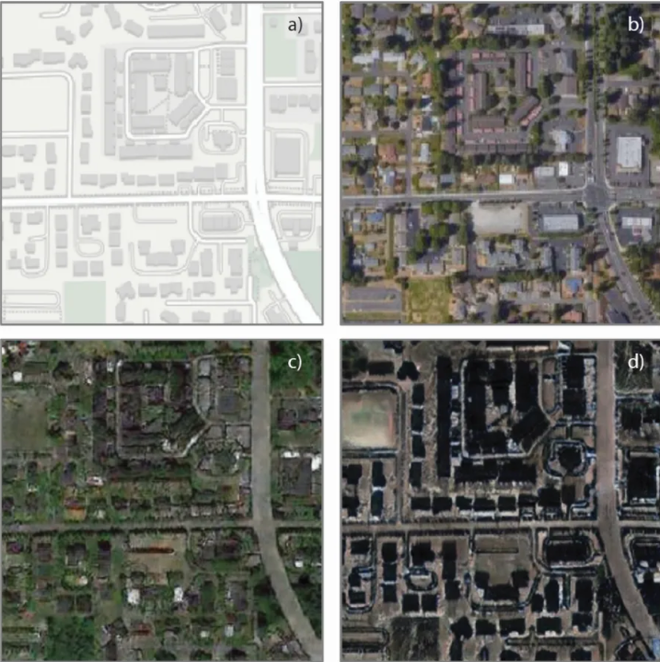 Cidade de Tacoma, EUA, sendo "apagada" do mapa. A primeira imagem à esquerda é um mapa 2D da região; à direita, uma foto real de satélite. As duas imagens de baixo foram geradas via software, alterando visivelmente a paisagem local (Imagem: Reprodução/University of Washington)
