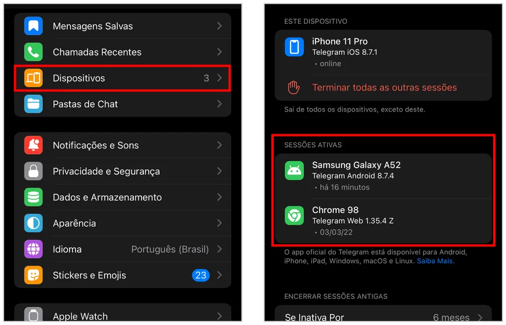 Como recuperar conta do Telegram: remova o acesso no celular roubado (Captura de tela: Caio Carvalho)