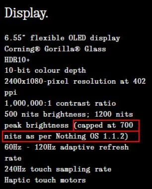Limite de 700 nits não estava especificado anteriormente (Imagem: Captura de tela/Nothing)