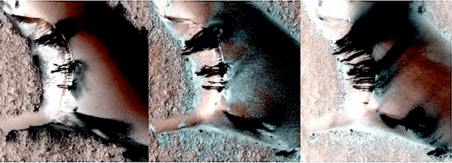 Imagem de duna feita pela câmera HIRISE, em que os pesquisadores acreditam ver espécimes de seres vivos (Imagem: Reprodução/Rhawn Gabriel Joseph)