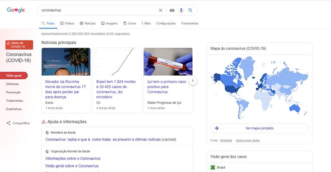 Google amplia aba de informações sobre o coronavírus na barra de busca