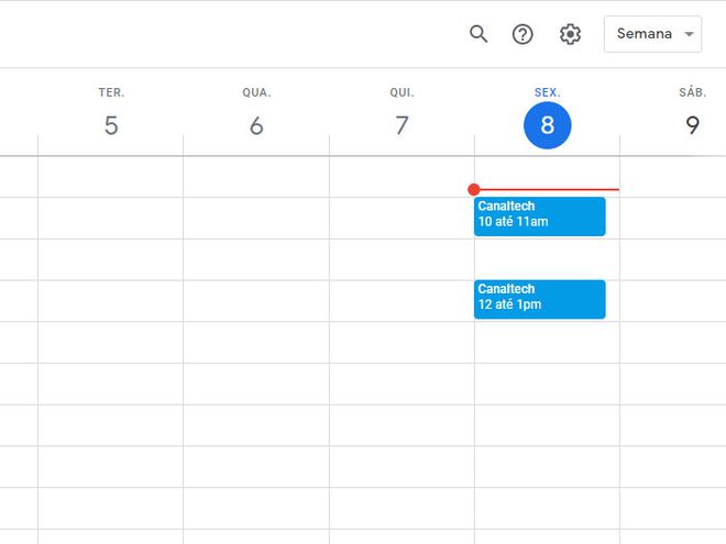 O seu evento será salvo e exibido no calendário do Google Agenda (Captura de tela: Matheus Bigogno)