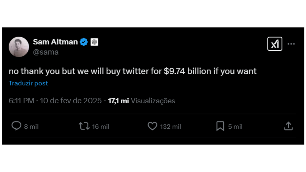 Captura de tela com a resposta do CEO da OpenAI, Sam Altman, a um rumor de compra da empresa por Elon Musk