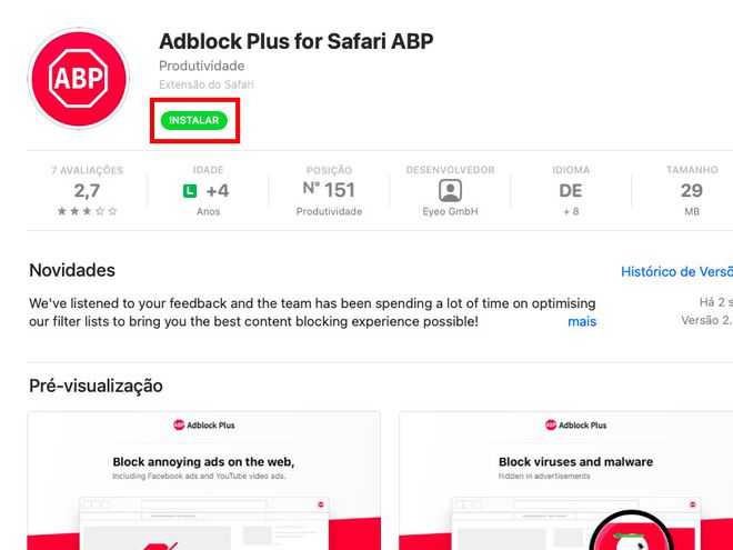 Acesse a página do AdBlock Plus na Mac App Store e clique em "Instalar" (Captura de tela: Lucas Wetten)