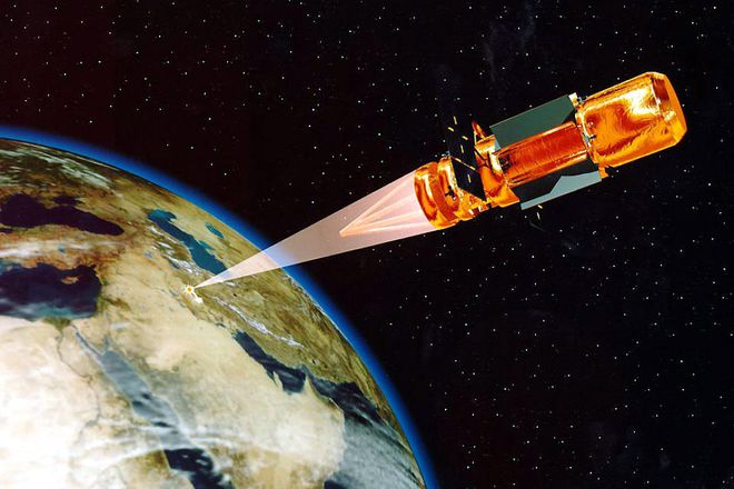 Ilustração de uma arma conceitual que poderia ser usada para atingir alvos com precisão na Terra (Imagem: Reprodução/Comando Espacial dos Estados Unidos)
