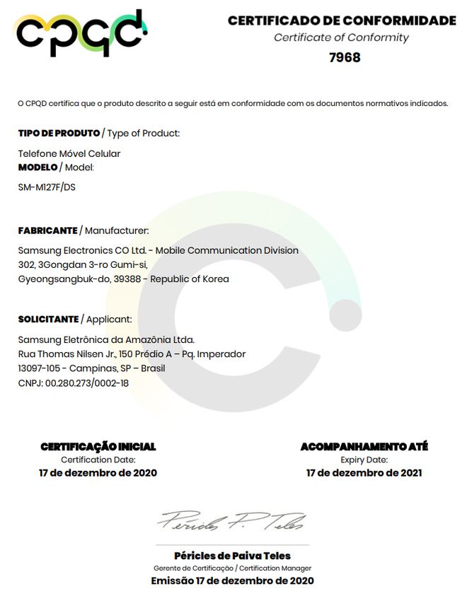 Certificação de homologação do suposto Galaxy M12 (Imagem: Reprodução/Anatel)