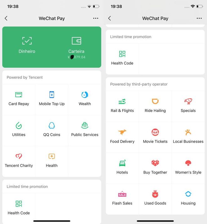Tela do menu de serviços do WeChat: maior inspiração para o superapp do Magalu (Captura de imagem: Rui Maciel)
