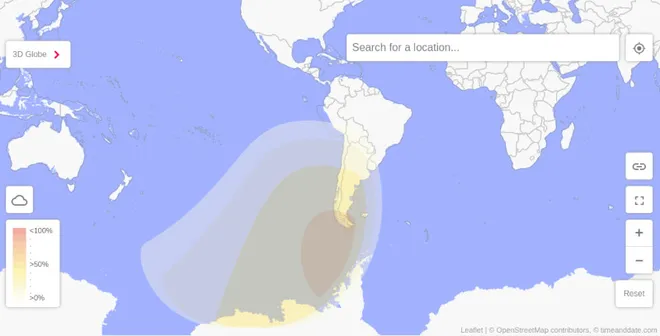 Caminho do eclipse de 30 de Abril. Apenas as regiões mais escuras, na ponta da América do Sul, poderão aproveitá-lo ao máximo