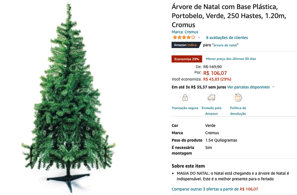 Árvore de Natal com Base Plástica, Portobelo, Verde, 250 Hastes, ,  Cromus 47981 - Canaltech Ofertas