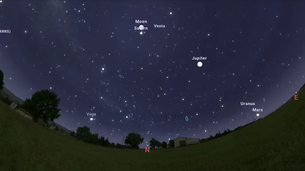 Simulação do céu em 12 de agosto de 2022 às 0h55, olhando na direção norte. (Imagem: Reprodução / Stellarium Web)